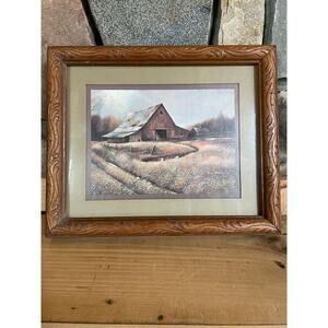Vintage Framed Ruane Manning Art Print. Barn. Field. Water. Signed! 11.5x9.5